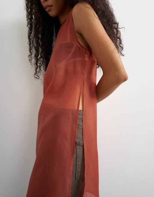 Topshop longline sheer organza tunic in rust, 2 of 4