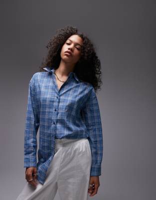 Topshop Longline Shirt In Blue Check