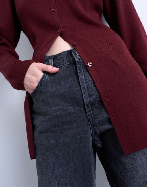 Topshop – Longline-Strickjacke aus kompaktem Strick in Burgunderrot, Kombiteil, 3 von 4