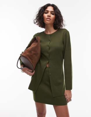 Topshop - Longline-Strickjacke aus kompaktem Strick in Olivgrün