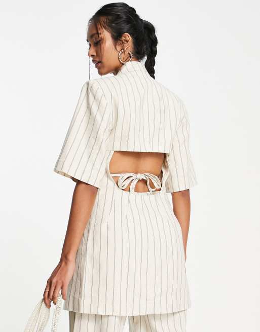 Topshop longline stripe linen blend blazer in beige (part of a set), 2 of 4