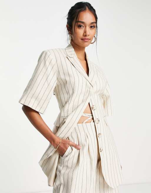 Topshop longline stripe linen blend blazer in beige (part of a set), 3 of 4