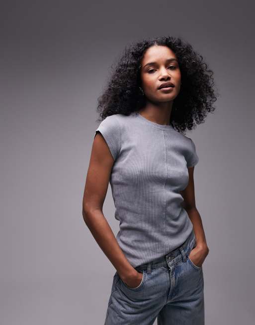 Topshop – Longline-T-Shirt in grauer Acid-Waschung mit Ziernaht