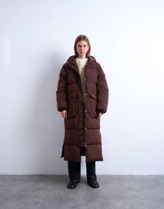 Longline techy puffer jacket in chocolate