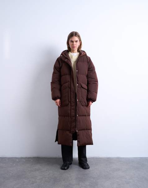 Topshop longline techy puffer jacket in chocolate