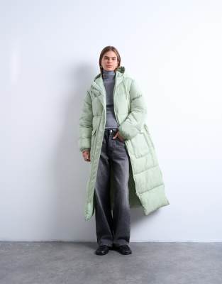 Topshop Longline Techy Puffer Jacket In Green
