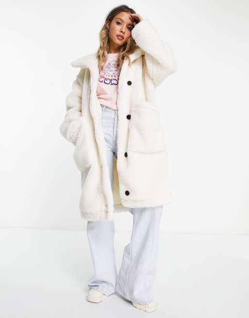 Topshop longline teddy jacket with hood in cream