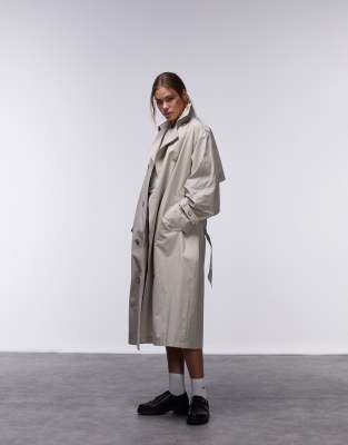 Topshop longline trench coat in stone - ASOS Price Checker