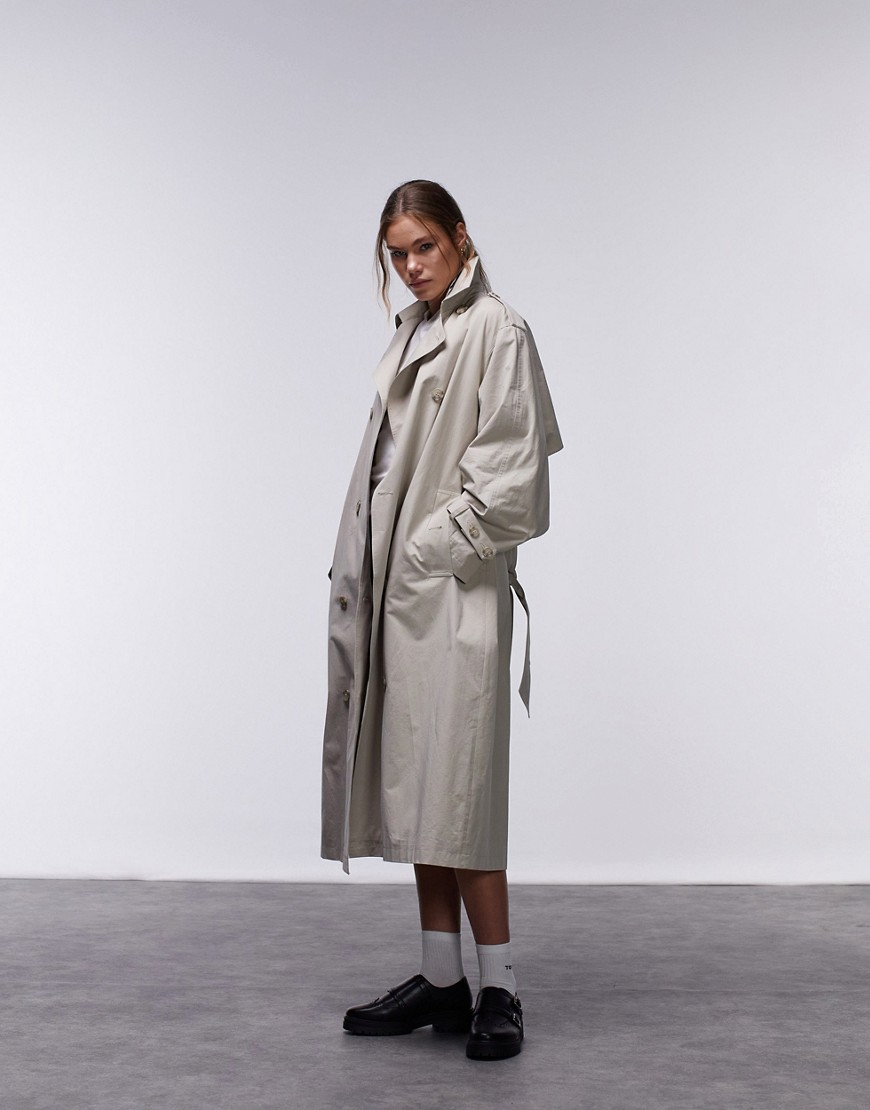 Shop Topshop Longline Trench Coat In Stone-neutral