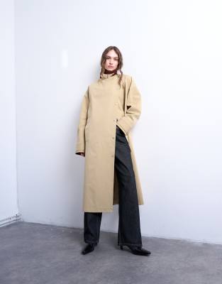 Topshop Longline Trench Coat With Contrast Collar And Buckle Detail In Neutral
