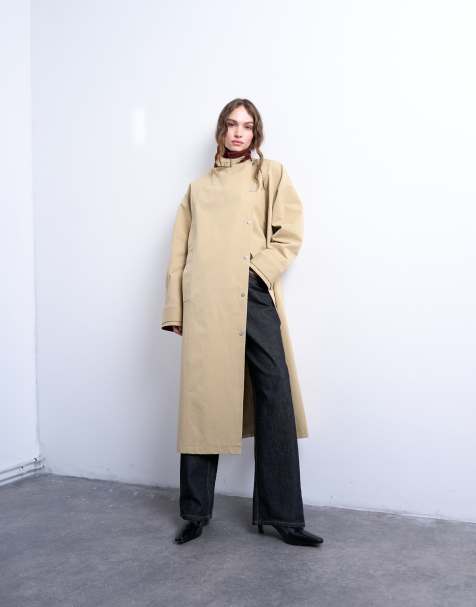 Topshop longline trench coat with contrast collar and buckle detail in beige - view 1