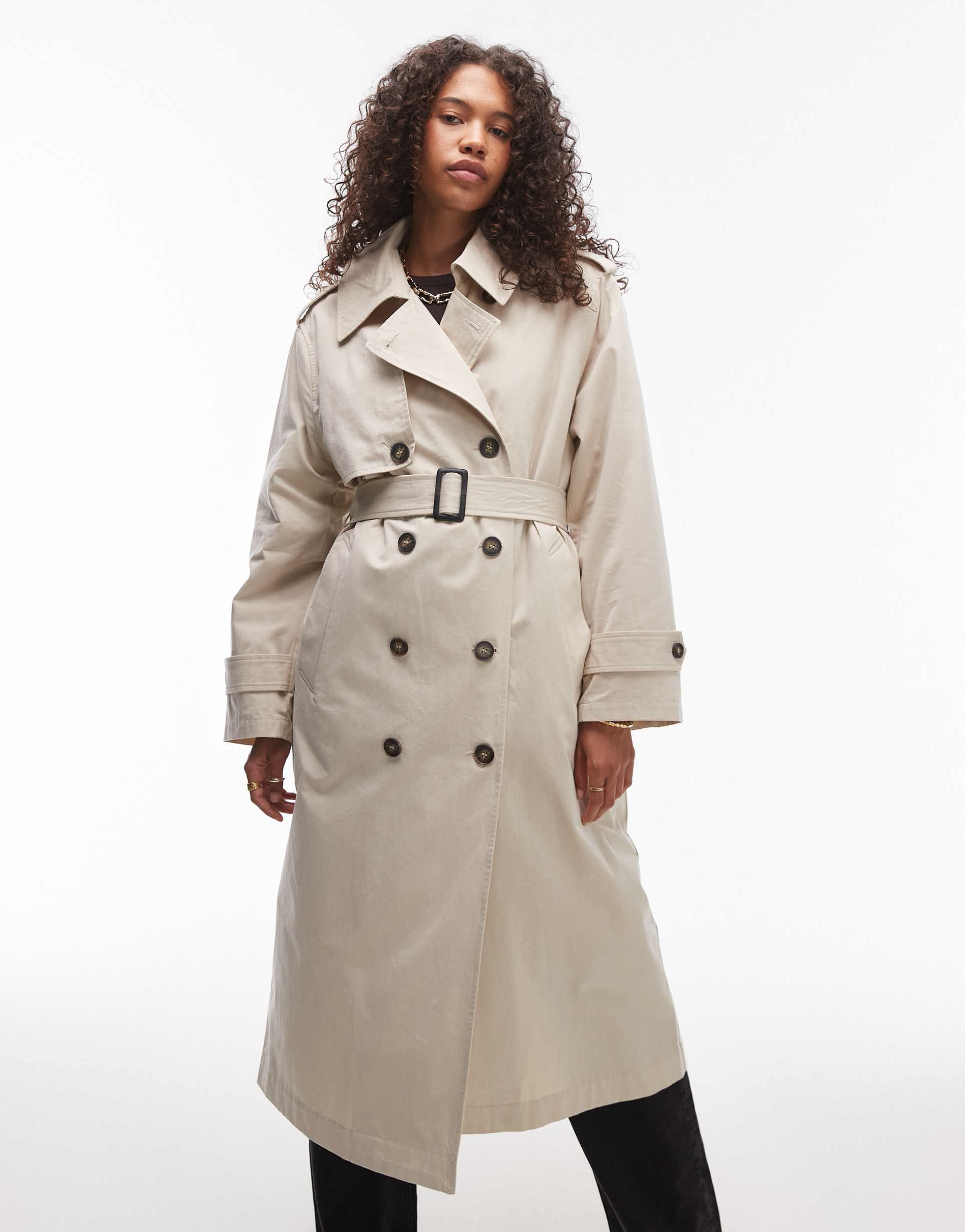 topshop longline trench coat with detachable borg lining in stone