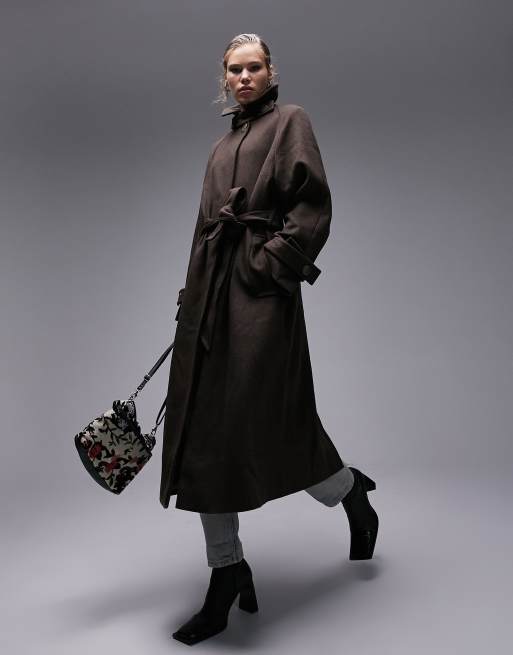 Topshop – Longline-Trenchcoat aus angerautem Material in Schokoladenbraun 