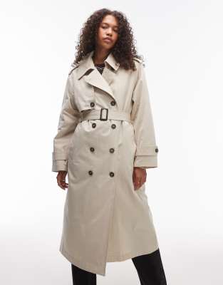 Topshop - Longline-Trenchcoat in Stein mit herausnehmbarem Teddyfutter-Neutral