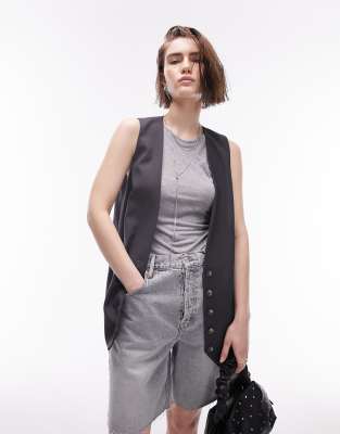 Topshop Longline Vest In Gray