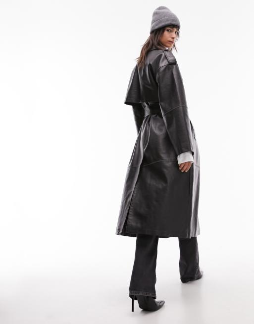 Topshop longline washed faux leather trench in gray