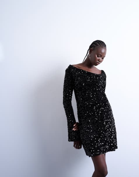 Topshop longsleeve cowl back mini sequin velvet dress in black - view 1