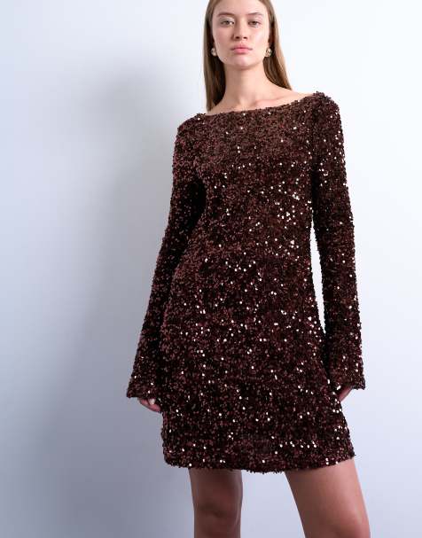 Topshop longsleeve cowl back mini sequin velvet dress in chocolate - view 1