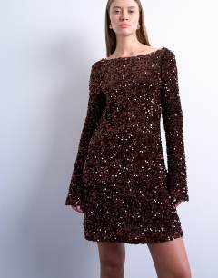 Longsleeve cowl back mini sequin velvet dress in chocolate