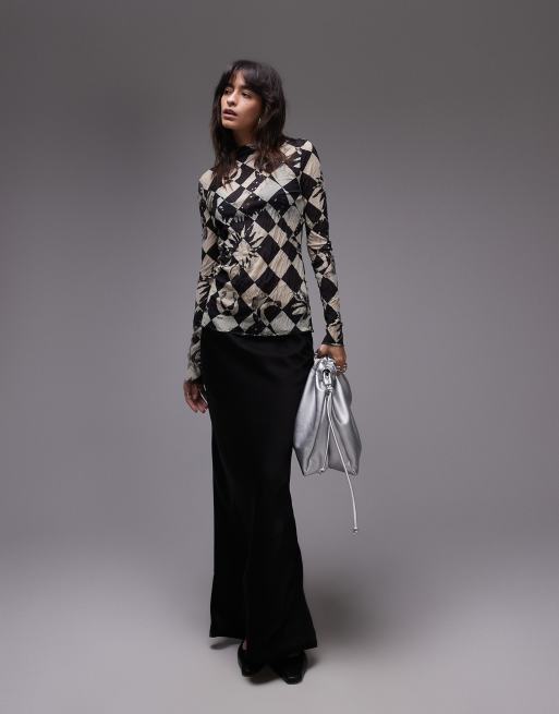 Topshop longsleeve crinkle checkerboard top in mono, 4 of 4