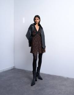 Longsleeve lace trim mini tea dress in dark based floral