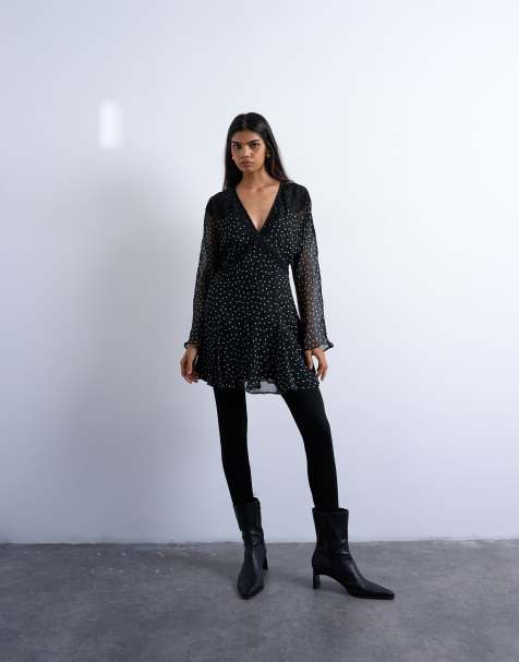 Topshop longsleeve lace trim mini tea dress in mono spot - view 1