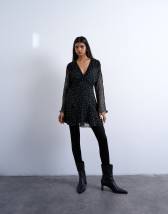 Topshop longsleeve lace trim mini tea dress in mono spot