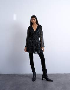 Longsleeve lace trim mini tea dress in mono spot