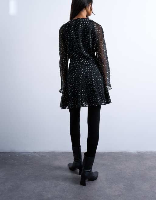 Topshop longsleeve lace trim mini tea dress in mono spot, 4 of 4