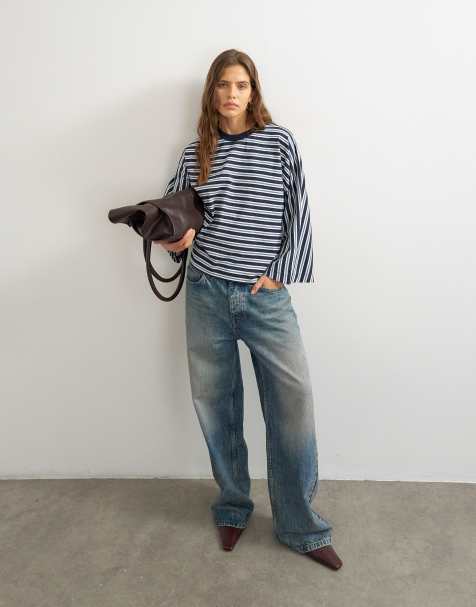 Topshop Longsleeve-T-Shirt mit Fledermausärmeln und Streifen in Marineblau - view 1