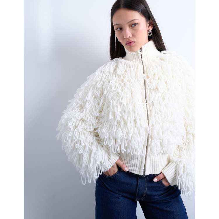 Topshop loop-knit funnel neck zip up cardigan in ivory | ASOS