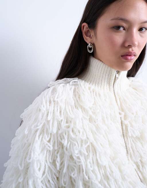 Topshop loop-knit funnel neck zip up cardigan in ivory | ASOS