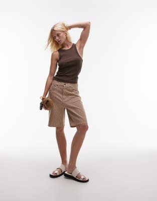 loose fit denim jorts in tan stripes-Brown
