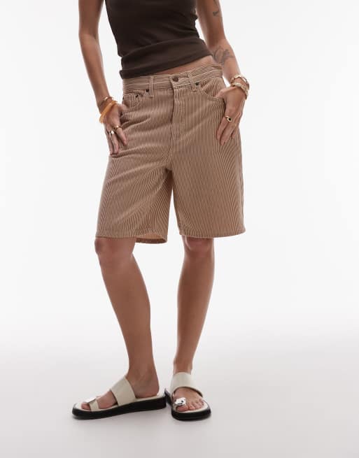 Topshop loose fit denim jorts in tan stripes, 2 of 5