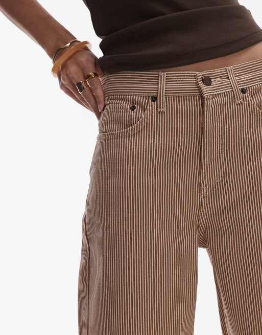 Topshop loose fit denim jorts in tan stripes, 4 of 5