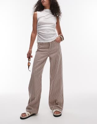 Topshop - Loose Fit Straight Jeans in Burgunderrot und Buttermilchgelb gestreift mit mittelhohem Bund-Bunt