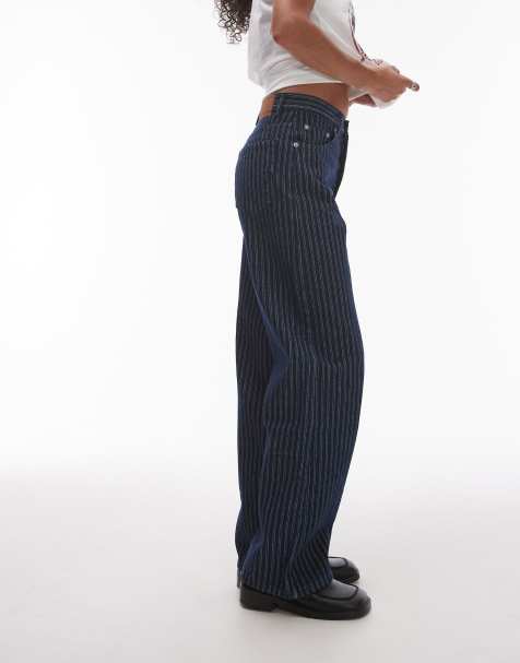 Topshop – Loose Fit Straight Jeans in gestreiftem Indigoblau mit mittelhohem Bund - view 1