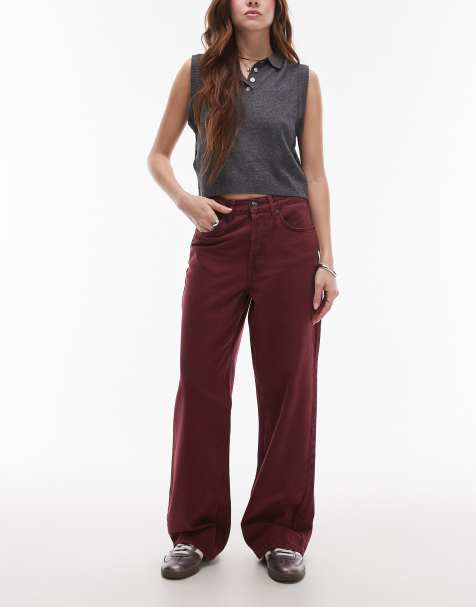 Topshop - Losse jeans met rechte pijpen en halfhoge taille in bordeauxrood - view 1