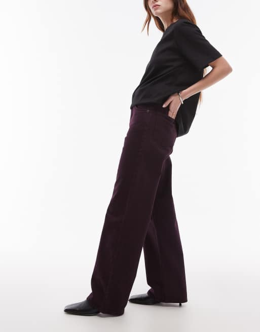 Topshop - Losvallende jeans met halfhoge taille in bordeauxrood, 3 van 5