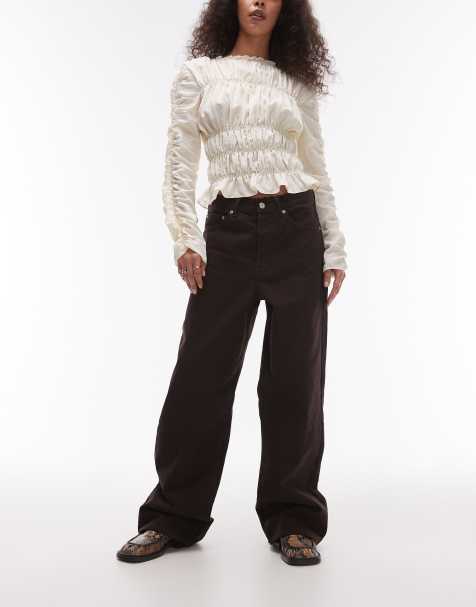 Topshop - Losvallende jeans met halfhoge taille in chocoladebruin - view 1