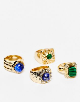 Topshop malachite and lapis 4 pack ring in gold - ASOS Price Checker