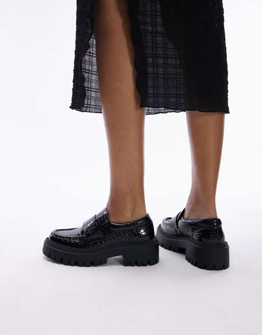 Topshop Lottie chunky loafer in black croc | ASOS