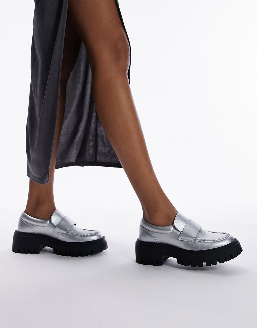 Topshop Lottie chunky loafer in silver