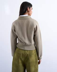 Model wearing Lounge zip top in light khaki