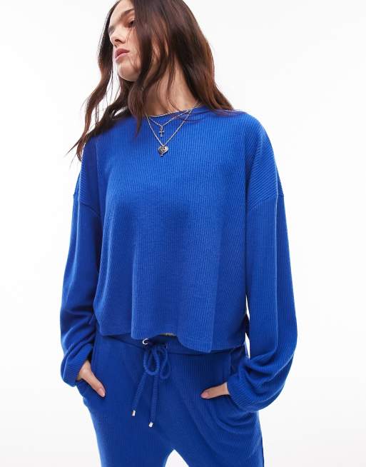 Topshop - Loungekleding - Co-ord set van geribbelde trui en joggingbroek in kobaltblauw