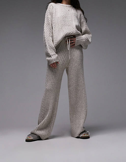 Topshop loungewear knitted cable jumper and wide leg trouser set in oat ...