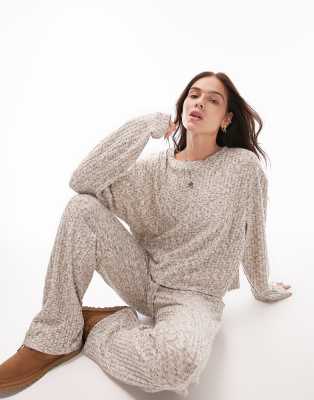 Topshop Loungewear Ribbed Space Dye Sweater And Wide Leg Sweatpants In Oat - Part Of A Set-neutral In Neutral