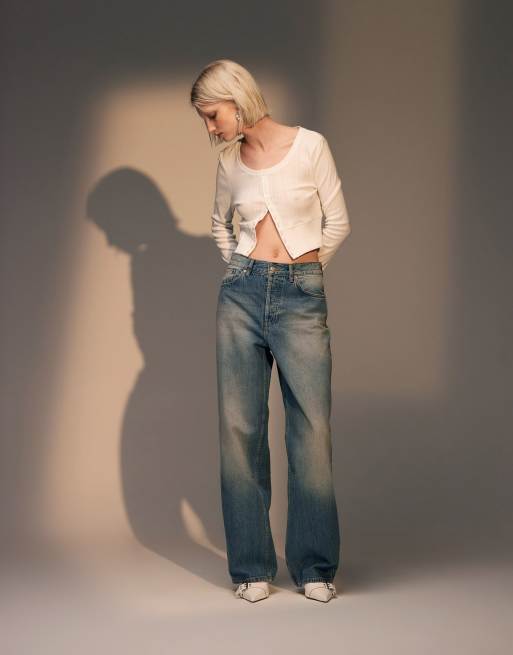 Topshop – Lover – Mellanblå, smutstvättade jeans