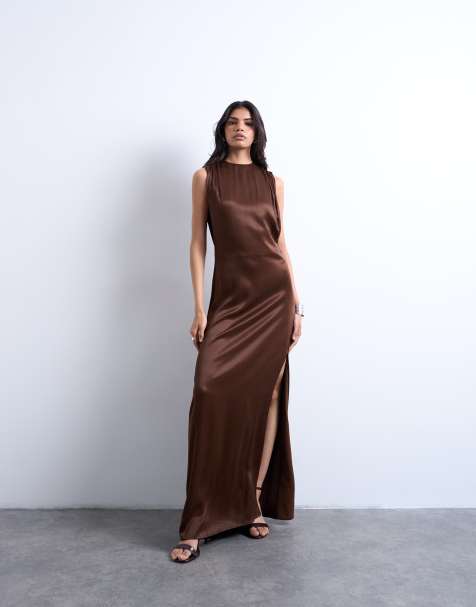 Topshop low armhole maxi occasion dress in chocolate - view 1