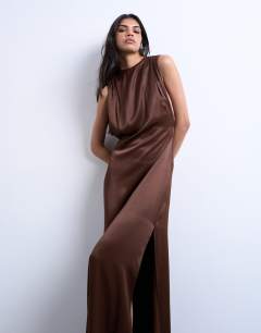 Model wearing Low armhole maxi occasion dress in chocolate